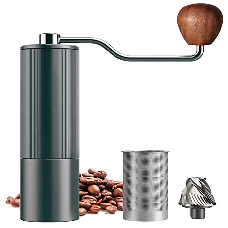 Manuelle Kaffeemühle mit Kaffeefilter und Reinigungsbürste, Aluminium-Körper aus Edelstahl, Espressomühle, verstellbare Espressomühle, tragbare Kaffeemühle, Kapazität 20g