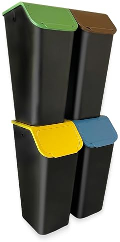 Go Practic Set of 4 Kitchen Rubbish Bin Separation System 4 x 35 L Bin with Lid Stackable Click Function, + Filters