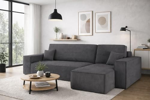 Kaiser Möbel, Ecksofa mit schlaffunktion, mit Bettkasten, Schlafsofa Best, Designer Sofa, Modern Design Couch, Polsterecke, Freistehend, Dicker Cord, Dunkelgrau Rechts