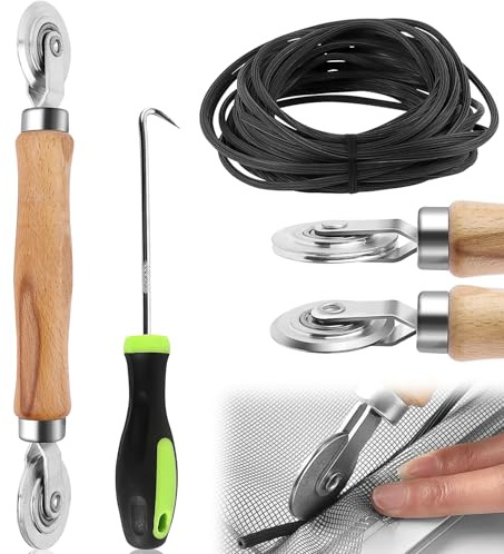 Werkzeug Doppelrad Dichtungseinroller Mit Holzgriff Kederwerkzeug | Mit 10m x 5mm Gummi Kederband Haken Werkzeug Einzieher Einroller Als Fliegengitter Insektenschutz Ersatzteil 3Stk