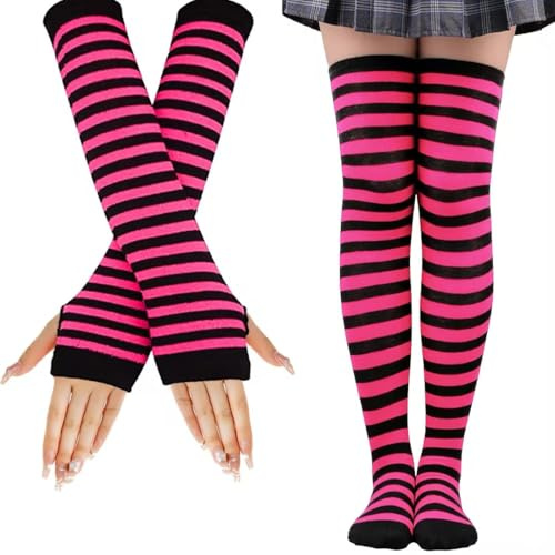 LUKIUP Rayas Calcetines Hasta la Rodilla, Juego de Calcetines Altos Hasta el Muslo, Guantes sin Dedos, Para damas, Halloween, fiestas de Navidad, cosplay de carnaval y fiestas de disfraces