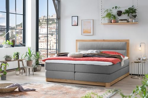 Belanoti Age Boxspringbett 160x200 Eiche 7-Zonen Taschenfederkern Matratze inkl Visco Topper Bett 160x200 in der Farbe Grau H2/H3 Polsterbett Hotelbett mit Massivholz Eiche Massivholzbett