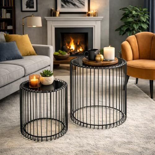 Dylex Set of 2 Round Cage Side Coffee Tables Black Glass Top And Metal Finish Base Ready Assembled