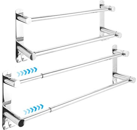 Oungy 2 Stück Handtuchhalter Ausziehbar 43-76cm, Doppelstange Handtuchhalter Ohne Bohren, Edelstahl Handtuchhalter Wand Handtuchhalter Bad mit 4 Haken, Handtuchstange Ohne Bohren für Badezimmer Küche