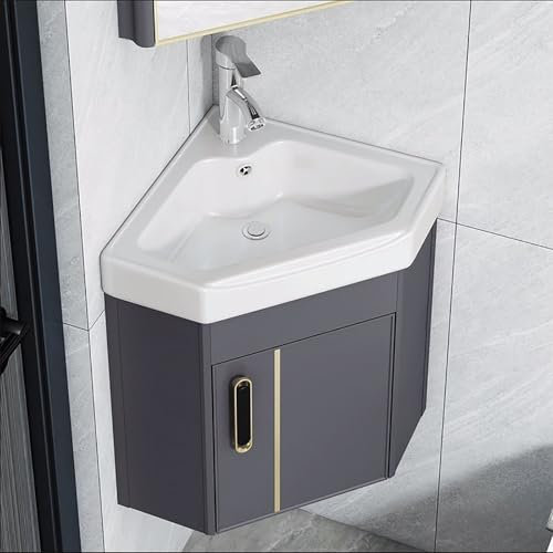 Eckwaschbecken aus Keramik, Eckwaschtisch fürs Badezimmer, Eckwaschbecken fürs Badezimmer, Eckwaschbecken zur Wandmontage, Badezimmerschrank mit Wasserhahn und Abfluss, Badezimmerwaschbecken