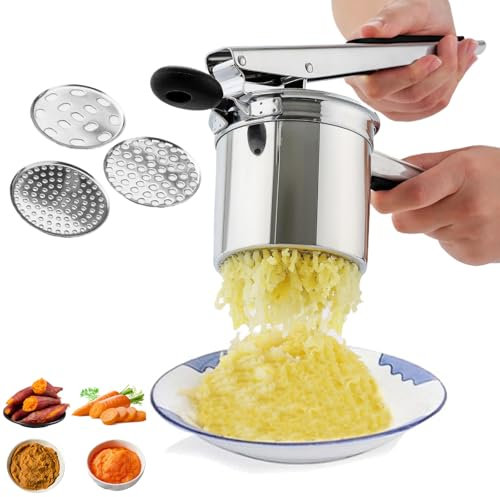 Spülmaschinenfest Kartoffelpresse mit 3 Austauschbare Sieb,Edelstahl Mehrzweck-Kartoffelstampfer,Spätzlepresse Spaghettieispresse für Flauschige Kartoffelpüree,Babynahrung,Entsaften,Zitrone Auspressen