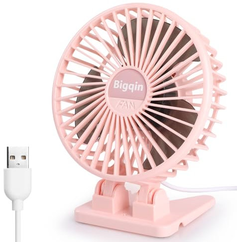 Bigqin USB Small Desk Fan - Mini Table with 3 Speeds, 90° Adjustment for Better Cooling - Perfect for Bedroom, Office, Home, Car - Pink