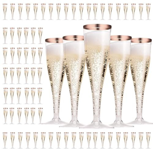 DYUEE Gold-Trim Champagne Flutes 75PCS, 150ml Plastic Reusable Party Champagne Cups, for Garden Weddings, Anniversaries, Baby Showers, Parties, Picnics, & Camping