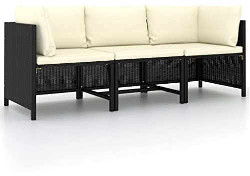 Myheimly 3-Sitzer-Gartensofa mit Auflagen Schwarz Poly Rattan