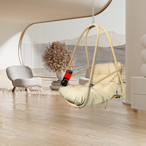 Patio Swing Egg Chair, Rattan Hammock Chair, Hanging Swing Basket with 47.24 Chain, Water-Resistant Cushion, Cup Holder for Indoor Outdoor, Backyard, Garden, Beige & Brown