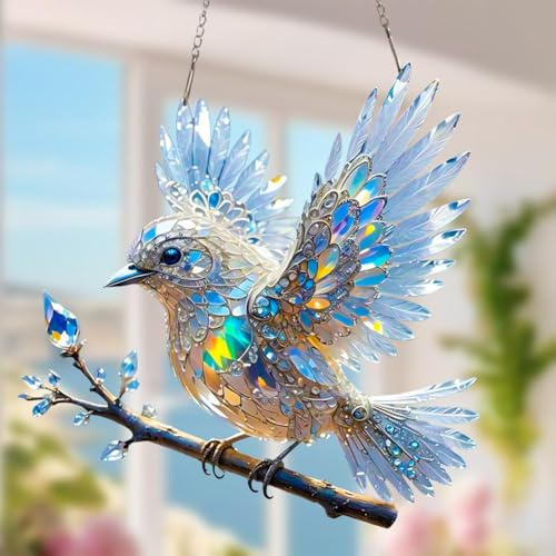 3-teiliges Kristall-Himmel-Blaustürmer-Buntglas-Kunstornament 20,3 cm 2025 Neue Buntglas-Vögel für Fenster, Kristall-Acryl-Vögel Hängendes Sonnenfänger für Fenster, Innengärten
