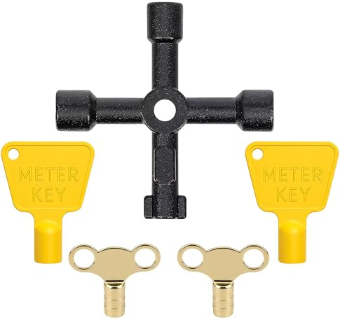 Event Decor Shop 5pcs Utility Keys Set, Yellow Gas Meter and Radiator Key | 2 Black Gas Meter Box Keys, 2 Radiator Bleed Valves Key and 1pc 4-Way Cross Key Heavy-Duty Universal Keys for Cabinets, Taps