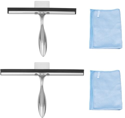Kronabelle 2-Pack Stainless Steel Shower Squeegees with Wall Hooks and Microfiber Cloths, 10” & 12” for Glass, Bathroom, Windows, and Mirrors