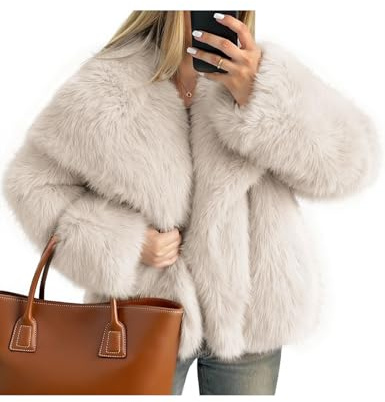 Kissonic Women Faux Fur Coat Long Sleeve Lapel Open Front Shaggy Furry Jacket Warm Fluffy Short Outwear(Beige-S)