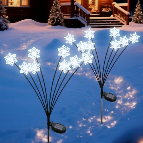 Qoosea Solarleuchten für Außen Garten, 2 Stück Solar Weihnachtsbeleuchtung mit 16 Schneeflocken, Wasserdicht Solarlampen Außen Gartenbeleuchtung Weihnachtsdeko für Weg Hof Garten Deko