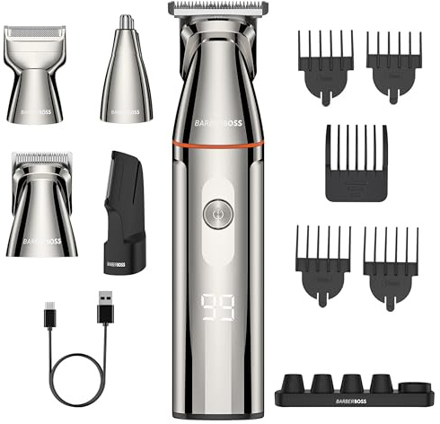 BarberBoss Kit de aseo 5 en 1 para hombres, recortador de barba para hombres, cortadora de pelo impermeable con recortador de nariz, peluquero corporal, carga USB-C y pantalla LED