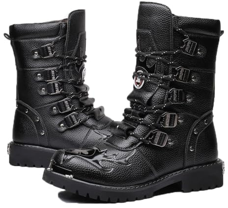 YUMALI Botas De Moto Para Hombre Botas Militares De Cuero Con Cordones Estilo Steampunk Calzado De Moda Para Exteriores Para Uso Diario (Black,44)