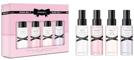 Miss So...? Coffret cadeau pour femme (4 x 50 ml) – Starlet, Sugar Rush, Twilight Kiss, Sunset Sky, Long Lasting So Body Mist for Women – Vegan & Cruelty-Free – Dure jusqu'à 6 heures