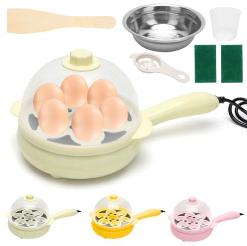 Tutamaz Elektrische Bratpfanne 20 cm, mit Antihaftbeschichtung Deckel und Holzspatel 220V Mini Elektropfanne für Studenten, Eier, Steak, Pfannkuchen & Burger, ideal für Wohnheim & Haushalt, Beige