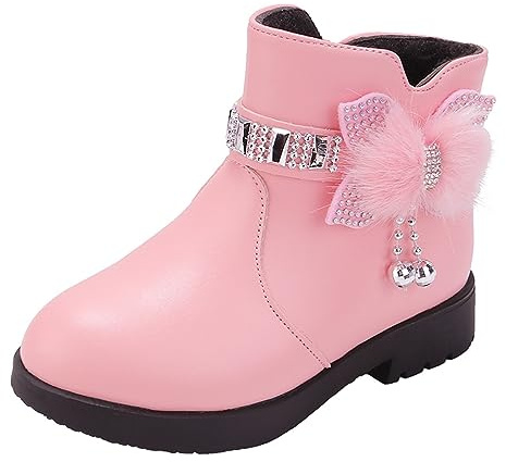 2026 Bottes d'hiver pour femmes et enfants à talon épais en cuir chaud avec nœud mignon, rose, 33 EU