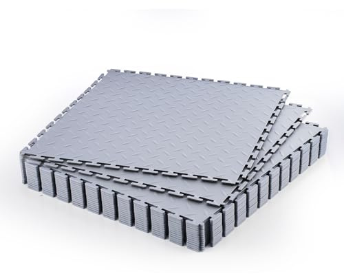 VEVOR Suelo de PVC Antideslizante para Garaje, Paquete de 16 Unidades de 513 x 513 x 5 mm, Instalación por Clic, con Patrón de Diamante para Taller, Almacén, Cuarto de Herramientas, Gris Claro