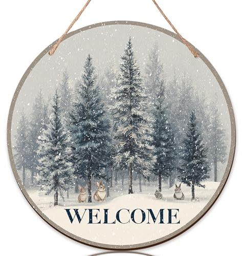 Trees Willkommensschild für Haustür, Winter, Natur, Kaninchen, Schnee, Winter, Blau, Holz, Welcome to Our Home, Haustürschild, hängende Dekoration für Zuhause, 1 Stück