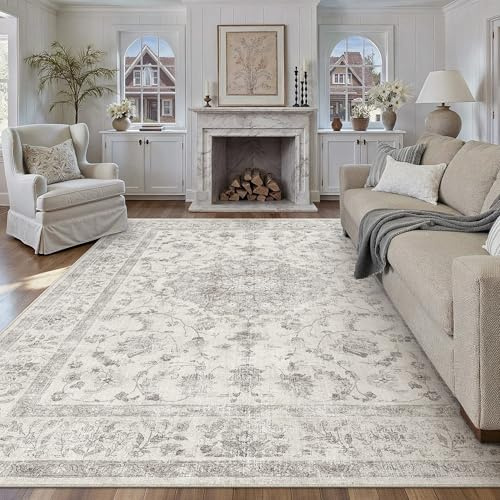 PureCozy Grau Teppich Wohnzimmer 200x300cm Waschbarer Vintage Teppiche | Rutschfest Kurzflor,Weich Teppiche,Wohnzimmerteppich,Schlafzimmer,Esszimmer,Büro,Kinderzimmer