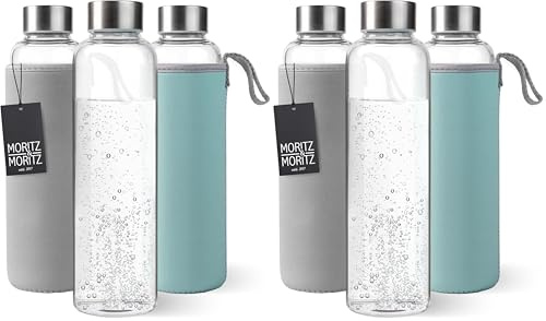 Moritz & Moritz Trinkflasche Glas 500ml - Für Kohlensäure geeignet und Auslaufsicher - Glasflasche für Sport, Schule, Uni oder Arbeit - Mit schützendem Wendebezug aus Neopren (Packung mit 2)