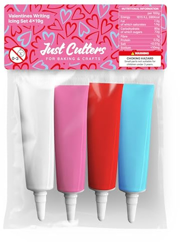 JUST CUTTERS Pack of 4 x 19g Pink, White, Blue, Red Writing Icing Tubes | Ready To Use | Instant Icing Pens for Writing, Drawing & Personalising Cakes, Biscuits & Baking