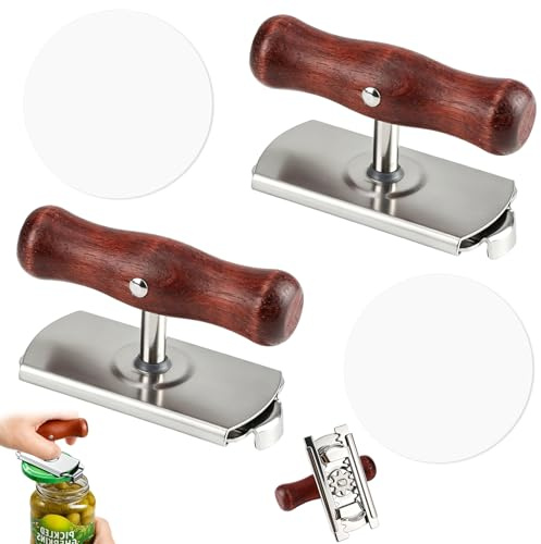 2 abridores de cristal con tapa de rosca, mango de madera de acero inoxidable + 2 abrebotellas de silicona, abrelatas para personas mayores, abridor de tapas para vasos de rosca, abrebotellas y