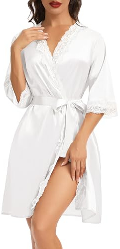 Lovasy Leichter Bademantel Damen Satin Kurz Spitzen Kimono Morgenmantel mit Gürtel für den Heimgebrauch, Brautbademantel für Party und Hochzeit,S-XL