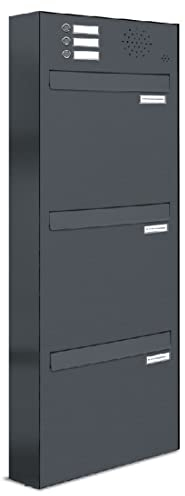 AL Briefkastensysteme 3er Briefkasten für Tür/Zaundurchwurf mit Klingel, in Anthrazit Grau RAL 7016, 3 Fach Briefkastenanlage Design modern