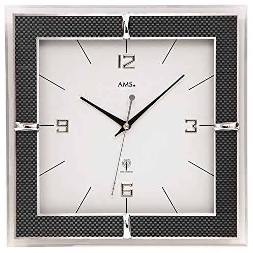 AMS Wanduhr Funk Funkwanduhr analog eckig mit Glas und Carbon-Applikationen