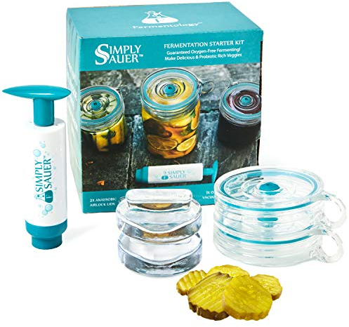 Fermentology Simply Sauer Fermentation Starter Kit - Fits Wide Mouth Mason Jars - Supplies Include Weights, Lids, Pump