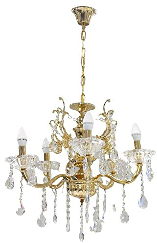 Vetrineinrete® Lampadario da soffitto a 5 bracci a sospensione con sfere cristalli pendenti lampada sospesa con catena retrò classico attacco e14(Oro) Z15