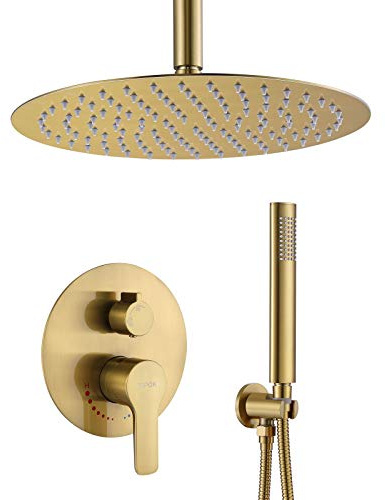 TIPOK Brush Ceiling Shower Faucet - 12 Inch Round Gold Rain Shower Head With Handheld and Valve