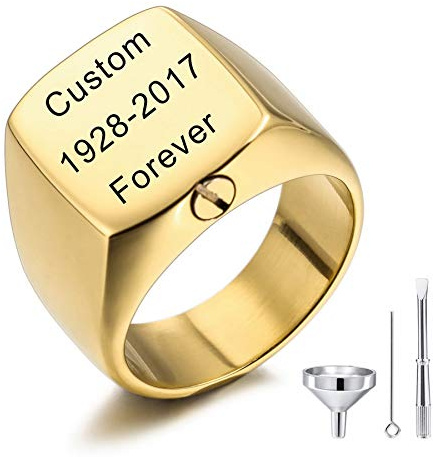 MeMeDIY Personalisierte Urne Ring Siegelring für Frauen Männer Gravur Bild/Text Angepasst Foto Gedenktaschenhalter aus Edelstahl Souvenir mit Trichterbausatz Ringgrößeneinsteller