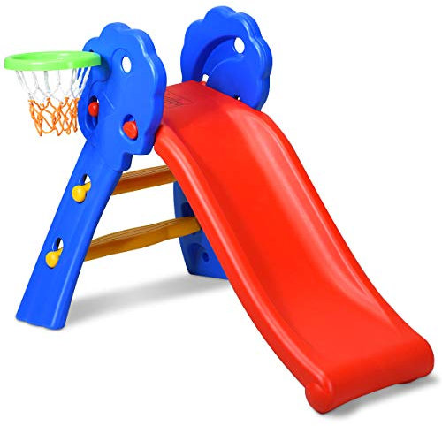 COSTWAY Foldable Kids Slide, Freestanding Toddler Slides with Safety Ladder, Primary Climb Toy for Indoor Outdoor Garden Playground (Multicolor with Basketball Hoop)