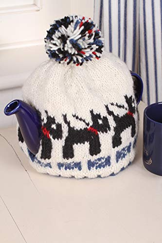 Pachamama Handknitted Medium 4-6 Cup 1.2L Wool Tea Cosy Teapot Cover - Scottie Dog Pattern Insulated Handmade Fair Trade Black White