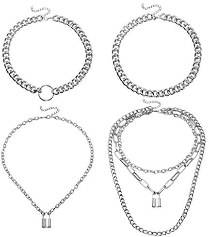 Eigso 4Pcs O-Ring Lock Anhänger Halskette Kragen Ketten Punk Goth Style für Frauen verstellbar (Silber)