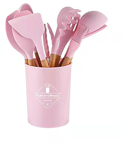 Utensilios Cocina de Silicona, 11pcs Maneles de madera Set de espátula, utensilios de cocina para sartenes de no palo, espátulas de silicona para cocinar herramientas de gadgets de cocina-Rosa