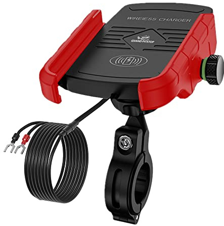 Motorcycle Phone Mount with Qi 15W Wireless Charger & USB C 20W Fast Charging Port, Waterproof Motorcycle Cell Phone Holder Cradle with Aluminum Alloy Handlebar Mounting Base for 4-8 Phone