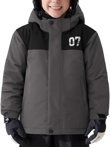 FREE SOLDIER Boys Girls Waterproof Ski Jacket Fleece Lined Warm Winter Snow Coat Kids Winter Jacket with Detachable Hood(Black Gray,4-5/Boy)