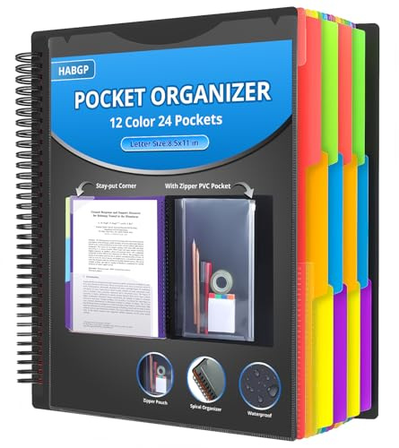 HABGP 24 Pocket Plastic folders with Pockets, 12 Colors Multi Pocket Folder Binder with Dividers, Office Organizer Folder Letter Size School Supplies