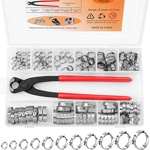 120PCS 11 Sizes Single Ear Hose Clamps 304 Stainless Steel, 6-33.1mm Stepless Cinch Rings Crimp Assortment Kit with Ear Clamp Pincer for Securing Pipe Hoses and Automotive Use by Hydencamm