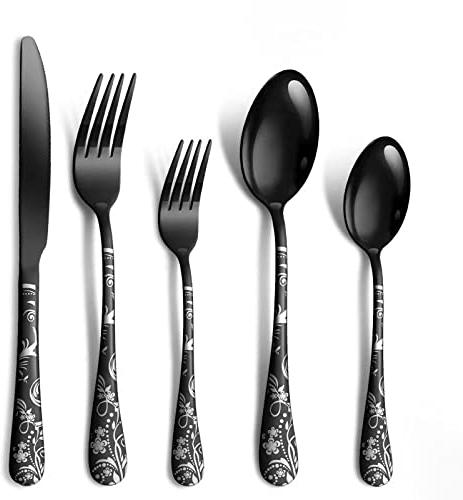 Jxkgenix Set di posate in acciaio inox per 4 persone, con coltello, forchetta, cucchiaio, posate lucidate a specchio, lavabili in lavastoviglie, set da 20 pezzi (Nero)