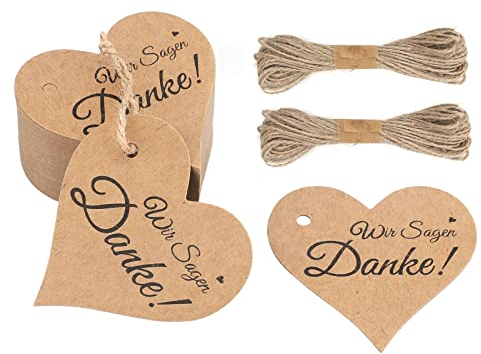 G2PLUS Wir Sagen Danke Anhänger, Braun Herz Geschenkanhänger, 100Stk Herz Papier Etiketten mit Schnur für Valentinstag Hochzeit Geschenke