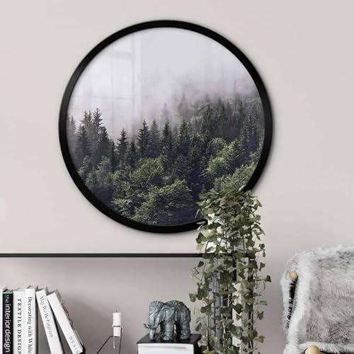 K&L Wall Art Schwarzer Bilderrahmen aus MDF-Holz Rund mit vormontierter Wandhalterung Runder Holzrahmen Acrylglas für Poster Ø 50cm Wandbild (Schwarz 53)