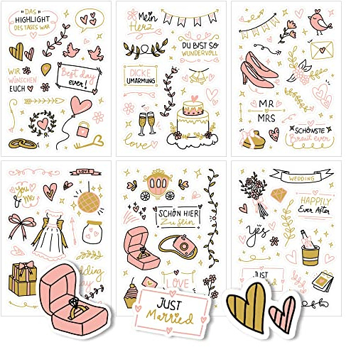 Sticker Hochzeit Gästebuch, Pink/Gold | 6 Bögen, Hochzeitssticker, Aufkleber für Gästebuch, Für Fotoalbum
