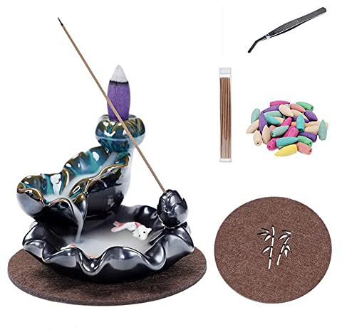 Doanpusi Keramik-Rückfluss-Räucherstäbchenhalter, Wasserfall-Räuchergefäß, Aromatherapie-Ornament, Heimdekoration mit 1 Pinzette, 1 Matte, 30 Rückfluss-Räucherkegel + 30 Räucherstäbchen